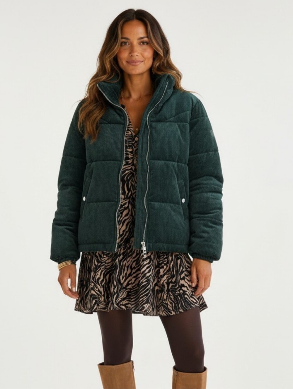 Vero Moda Emerald Green Corduroy Puffer Jacket High Neck Ring Zip Women's Coat